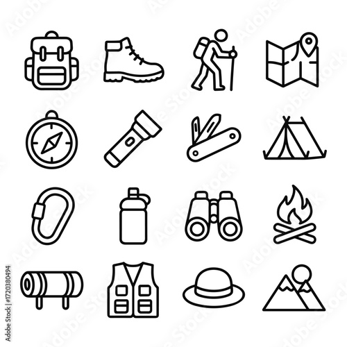 Trekking supplies and equipment icons. Outline symbols. Line design