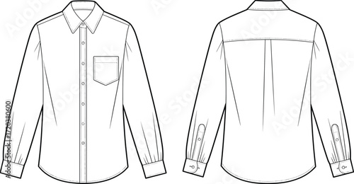 Vector graphic fashion flat template, classic long sleeve button-down shirt design, front and back views, technical drawing, business casual apparel.