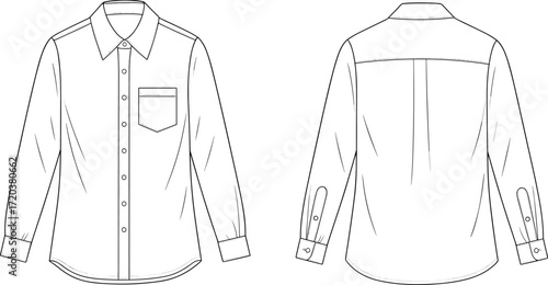 Vector graphic fashion flat template, classic long sleeve button-down shirt design, front and back views, technical drawing, casual formal apparel.