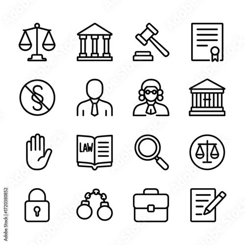 Legal law vector icons collection. Outline symbols. Line design