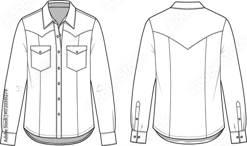 Vector graphic fashion flat template, men's western shirt design, front and back views, technical drawing, long sleeve, cowboy style.