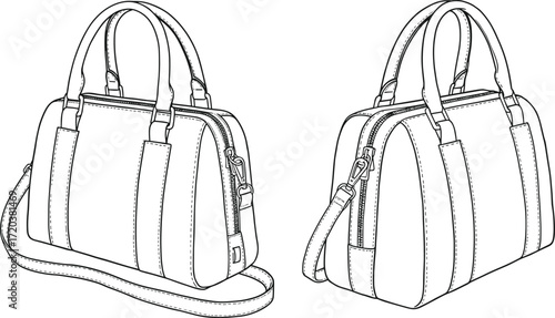 Handbag flat sketch technical drawing illustration, duffel bag apparel design template, accessories fashion vector, front and back view