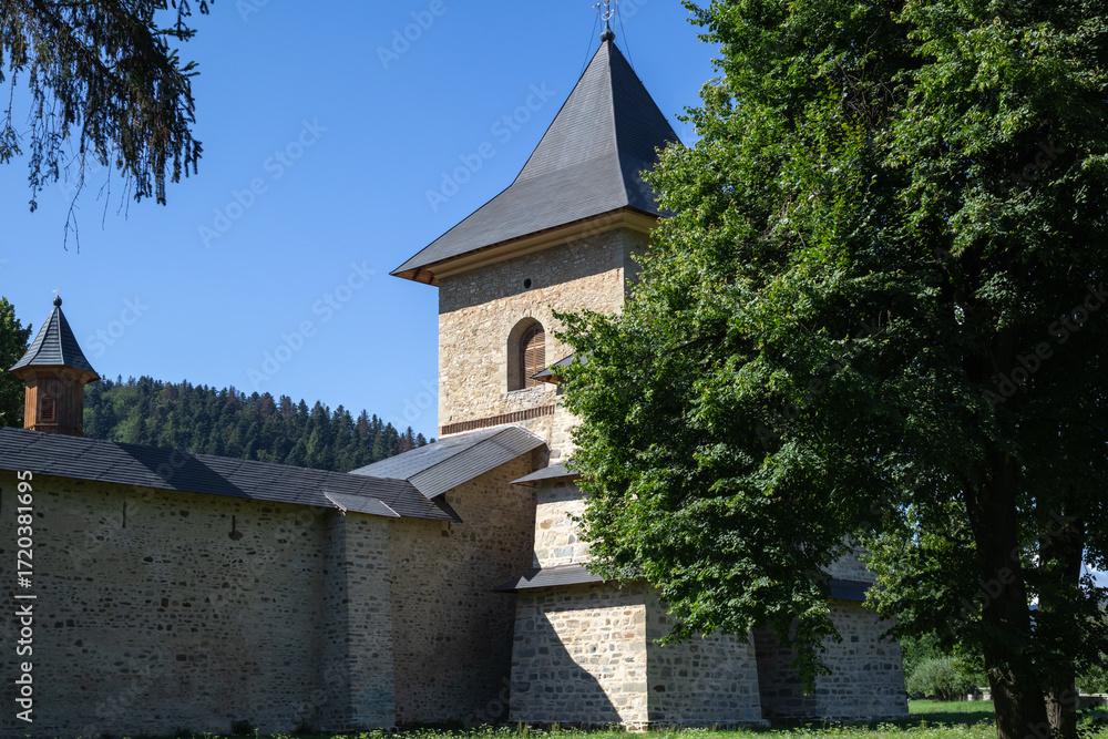 Fototapeta premium ancient monastery in romania with stone walls and traditional architecture, surrounded by green trees and hills under a clear blue sky on a sunny day