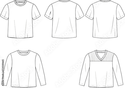 Flat sketch technical drawing illustration, t-shirt design apparel, fashion design template, short and long sleeve crew neck and V-neck with details