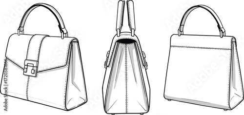 Handbag flat sketch technical drawing illustration, apparel design template, accessories fashion vector, front, side and back view