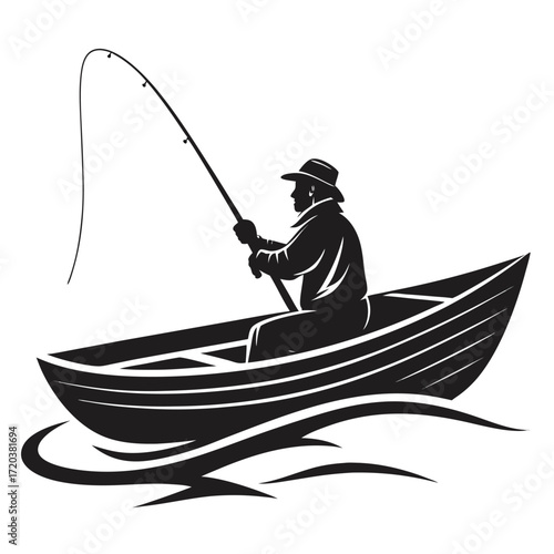 Fisherman in boat with bending rod active fishing scene