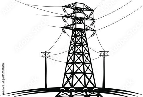 High voltage electric transmission tower, power lines over landscape, energy infrastructure silhouette, electricity pylon, utility structure, industrial background scene