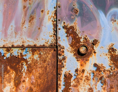 Rusted metal panels with colorful paint streaks