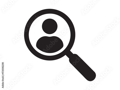 Black silhouette of magnifying glass with user icon isolated on white background. concept of search, find, discover, analysis, magnifier, exploring, profile, investigation