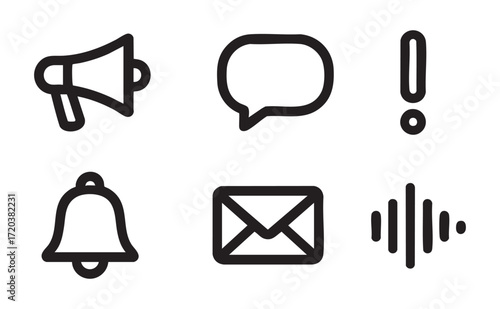 Set of communication icons including megaphone, speech bubble, exclamation mark, bell, envelope, and sound wave, black outlines on white background. concept of notification, message, alert.