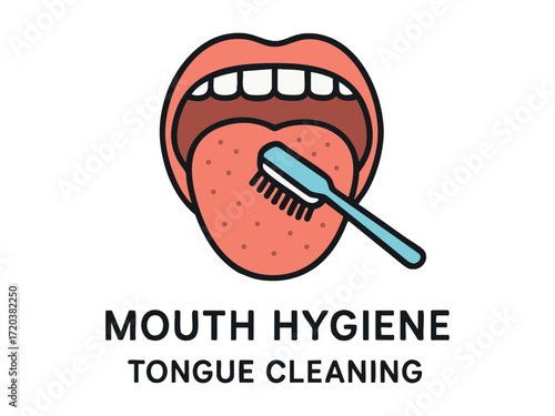 Illustration of open mouth with tongue and toothbrush promoting oral hygiene, isolated on white background. concept of dental care, mouth cleaning, health, hygiene, dental health