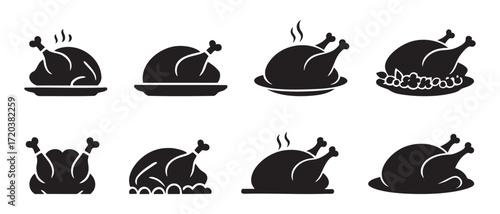 Black silhouette set of roasted turkey on plates, isolated on white background. concept of thanksgiving, holiday meal, festive dinner, culinary icon, symbol, food illustration