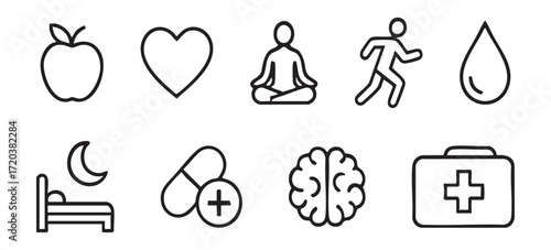 Set of health and wellness icons including apple, heart, yoga pose, runner, water drop, sleeping bed, pills, brain, and first aid kit, isolated on white background, black outline