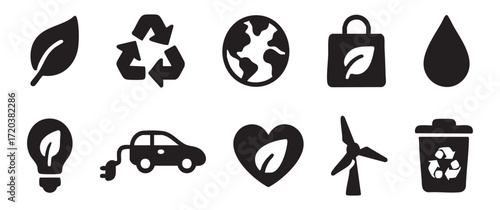 Set of eco friendly icons including leaf, recycle, earth, water drop, light bulb, electric car, wind turbine, trash can. concept of sustainability, environment, green energy, ecology, black silhouette
