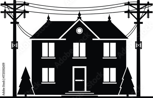 House silhouette, utility poles, power lines, electrical infrastructure, residential grid, rural scene, insulators, connection, energy, distribution, outdoor, structure, trees, symmetrical, 