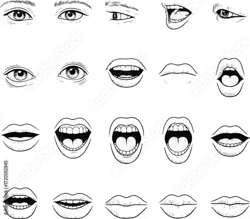 Vintage Style Hand-Drawn Eyes and Mouths:  Expression Set for Animation, Illustration, or Design Projects.