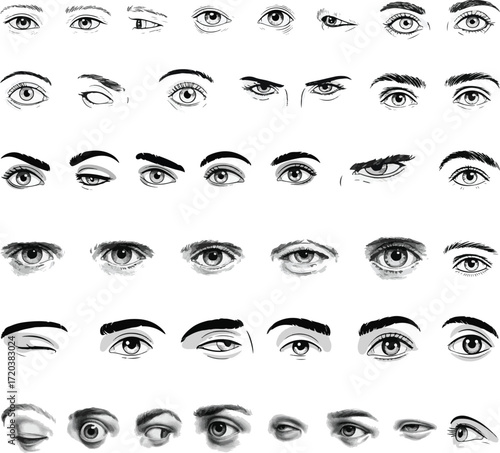 Collection of Hand-Drawn Eyes: Monochrome Sketches, Diverse Expressions, Detailed Illustrations for Design.