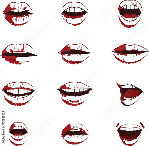 Twelve stylized female mouths; various expressions, red lipstick, blood splatter; graphic illustration.