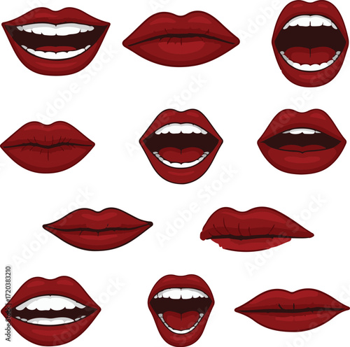 Collection of Red Lips:  Various Expressions, Cartoon Style,  Bold Graphic Design, White Background.