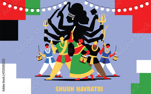 A vibrant illustration captures the essence of Durga Puja, showcasing dancers and musicians in a festive celebration of Indian culture and Hindu tradition. 