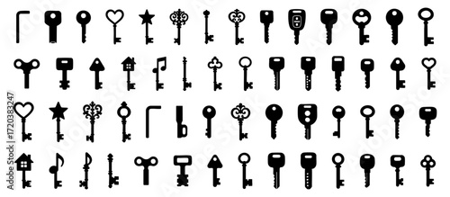 Set of black silhouette keys isolated on white background. concept of antique, modern keys, security, locksmith tools, icon, design element, home decor