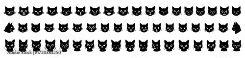 Set of black silhouette cat faces with various emotions isolated on white background. Concept of pet icon, feline expression, cute kitty face collection, animal expressions