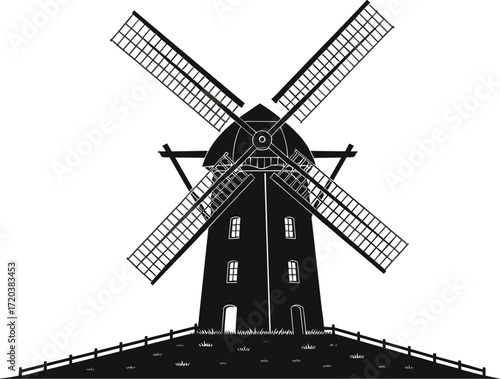 Old traditional windmill silhouette on hill, vintage rural landscape illustration, wind-powered structure, historic building, countryside farming landmark scene