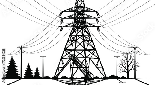 Transmission tower silhouette, electrical grid, high voltage lines, power infrastructure, steel lattice structure, utility poles, energy distribution, symmetrical landscape