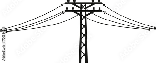 Transmission tower silhouette, electrical infrastructure icon, black and white illustration, power line support structure, energy grid system design