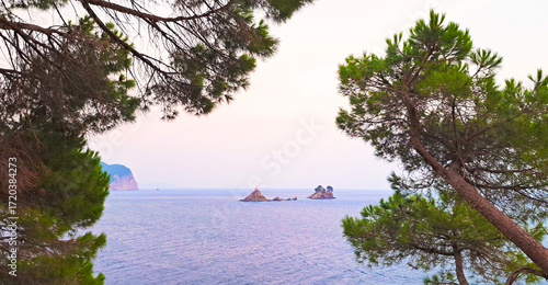 Scenic view of small rocky islands off the coast of Petrovac, Montenegro, framed by lush pine branches, with calm blue sea and a pastel evening sky.