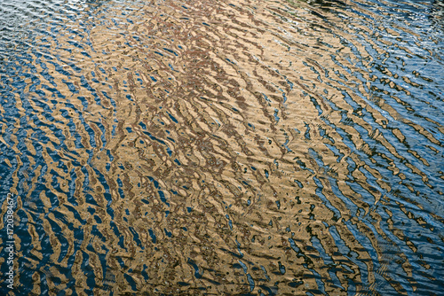 Close-up ripples on water create a textured, abstract image, blending soft patterns with tranquil reflections of light and movement.