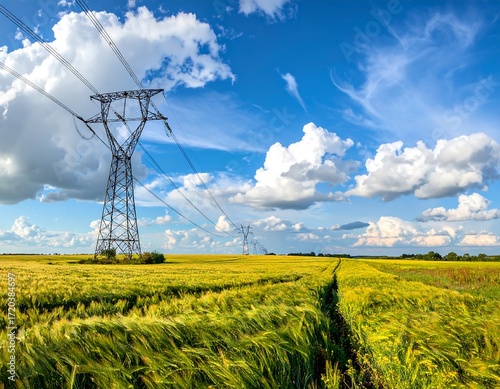 Power lines over a golden wheat field under a vibrant blue sky