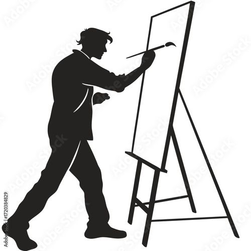 Artist painting on large canvas silhouette