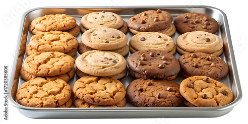 Billede på lærred A variety of freshly baked cookies on a metal baking sheet isolated on transpare