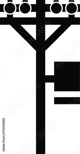 Utility pole silhouette, electrical infrastructure, urban power line, transformer box, black and white design, energy distribution, industrial structure, minimalist art