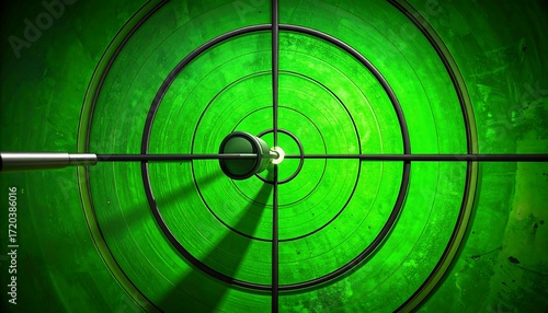 Close-up view of a green radar screen with a target and a projectile entering the screen, symbolizing surveillance and aiming