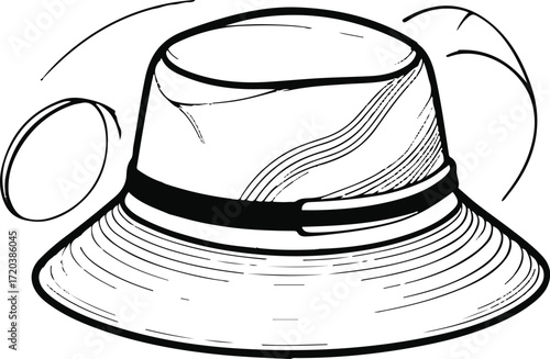 Bucket hat line art, bold black outline, clean composition 2