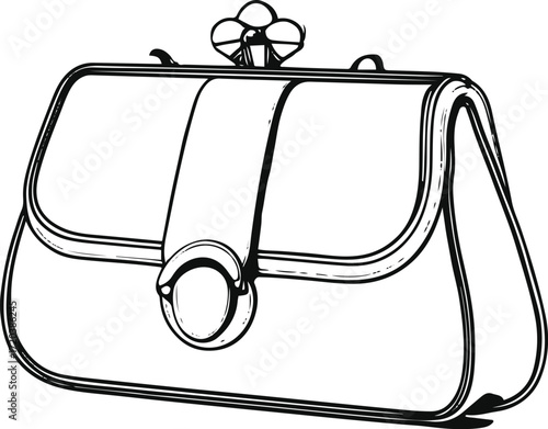 Elegant clutch purse with clasp, bold outline, minimal line art.