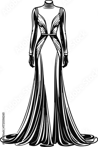 Elegant long evening gown front view, thick line art 3
