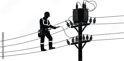 Utility worker on power lines silhouette, electrical maintenance scene, black and white illustration, transformer repair icon, infrastructure safety design