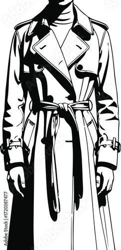 Trench coat with belt tied, bold outline, white background.