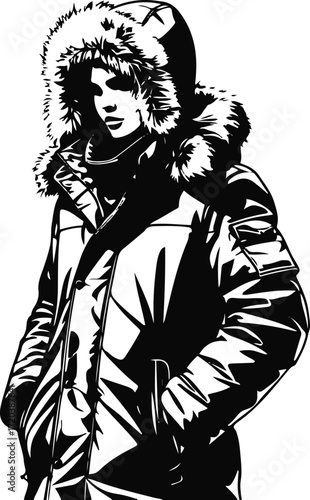 Winter parka coat with fur hood, bold black line art.