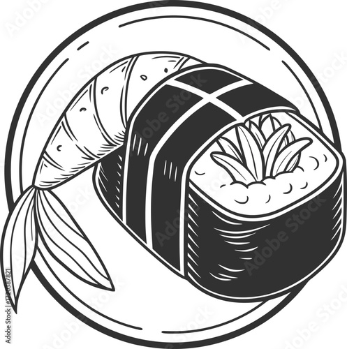 Black and White Hand- Drawn Sushi Roll with Shrimp Tail maki prawn