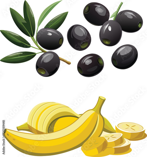 Fresh Black Olives on Branch and Ripe Yellow Bananas with Slices Keywords: olive, olives, branch
