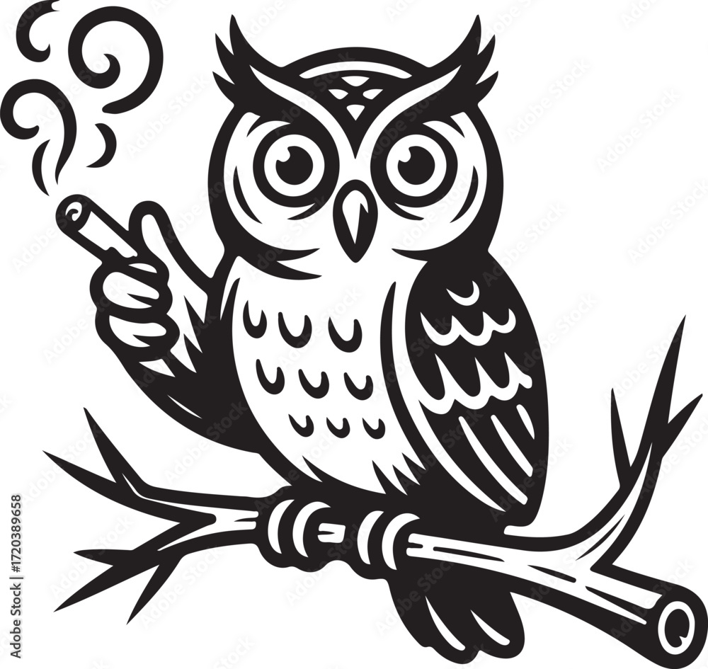 Fototapeta premium Owl Smoking a Cigar on a Branch Keywords: owl, bird, smoking, cigar, branch, tree, perch, night