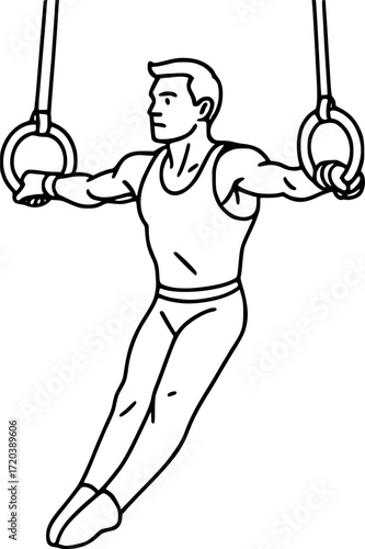 Minimal black and white linear outline of a gymnast hanging on rings, elegant vector art perfect for gymnastics, sports, strength, acrobatics, and minimal design projects