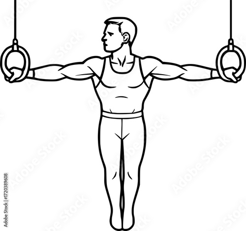 Minimal black and white linear figure of a gymnast holding an iron cross on rings, elegant vector outline perfect for gymnastics, sports, strength, acrobatics, and minimal design projects
