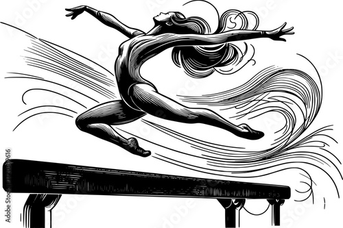 Minimal black and white outline of a gymnast leaping on balance beam with flowing lines, elegant vector art perfect for gymnastics, sports, fitness, acrobatics, and minimal design projects
