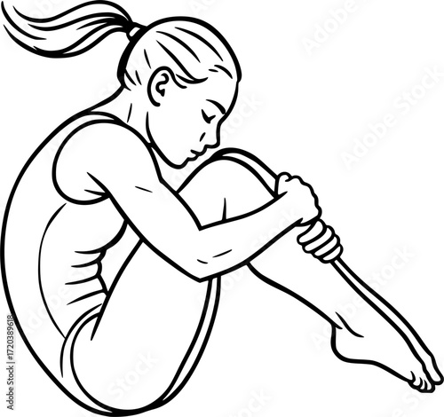 Minimal black and white linear sketch of a gymnast tucked in flip, elegant vector outline perfect for gymnastics, sports, acrobatics, fitness, and minimal design projects