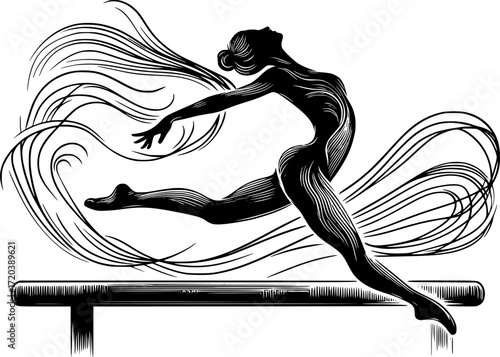 Minimal black and white outline of a gymnast leaping on balance beam with flowing lines, elegant vector art perfect for gymnastics, sports, fitness, acrobatics, and minimal design projects